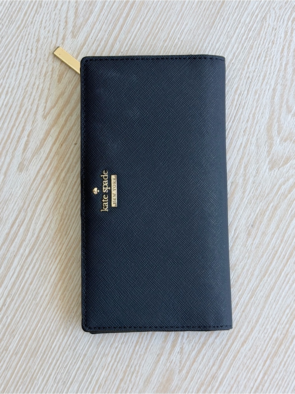 kate spade black Saffiano Leather Long Zip Wallet with Gold Hardware